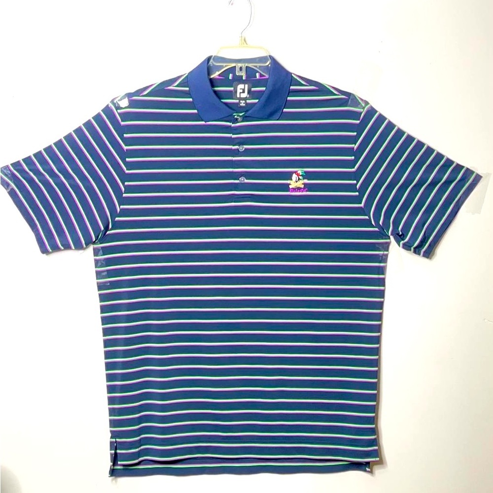 Foot‎ Joy Polo Shirt, Sz L, Striped Green/Purple/Pink Native American Embroidery